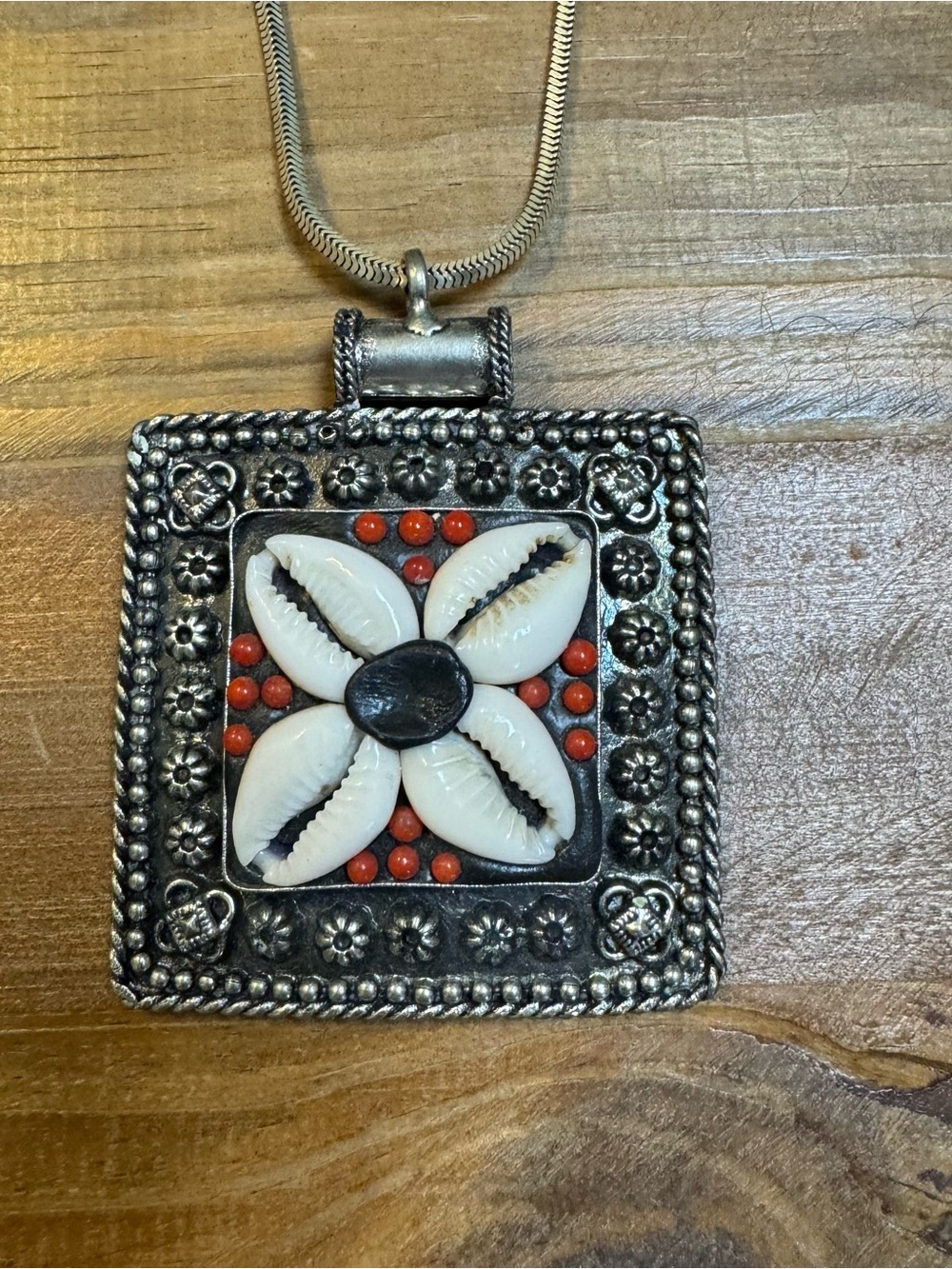 Vintage Cowrie Shell Square Pendant Necklace Sterling Silver 925 Chain Boho